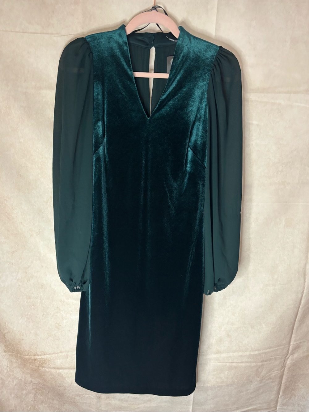 Vince Camuto Deep Emerald Green Velvet Sheath Dress with Sheer Long Sleeves